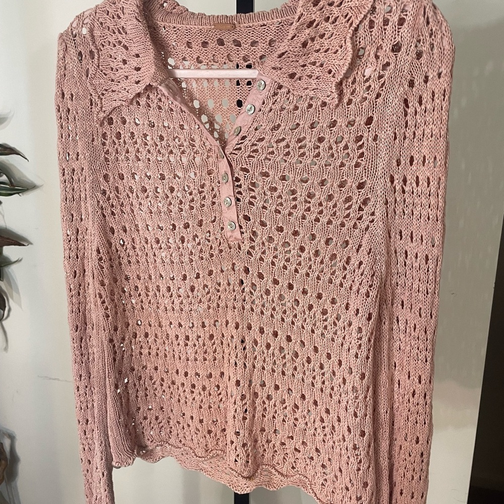 Free People|| Pointelle Crochet Pullover in Mauve Rose, Size Small - Picture 7 of 8